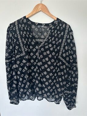 Aqua Black Floral V-Neck Peasant Blouse Marlee 100% Cotton NWT!